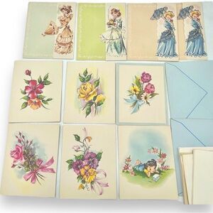40’s-50’s Victorian Dress Ladies Flower Bouquets Trifold Folded Blank Note Cards